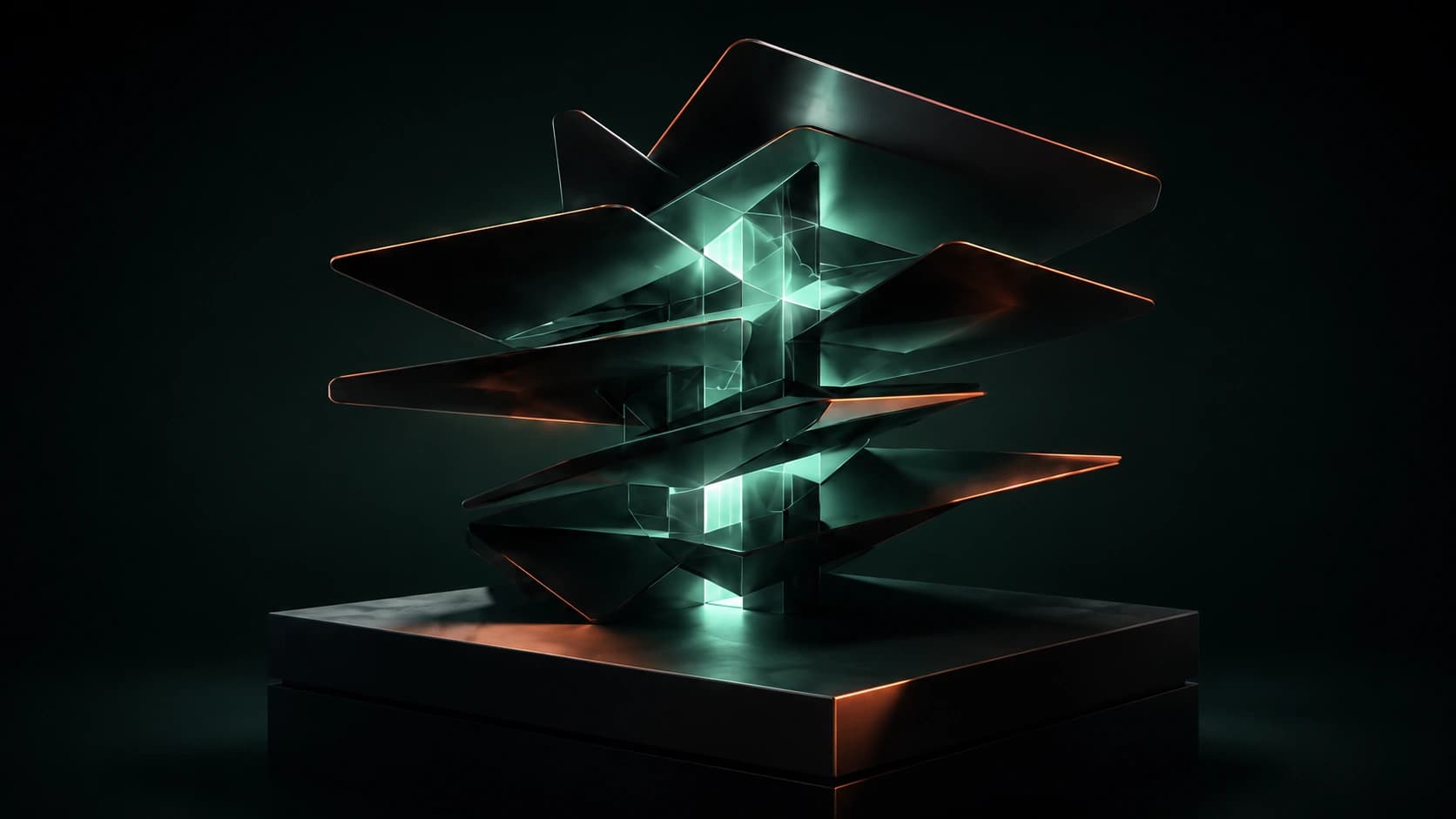 Escultura 3D abstrata em tons de verde-menta e cobre, representando a arquitetura de sinal proprietária da ORDEN
