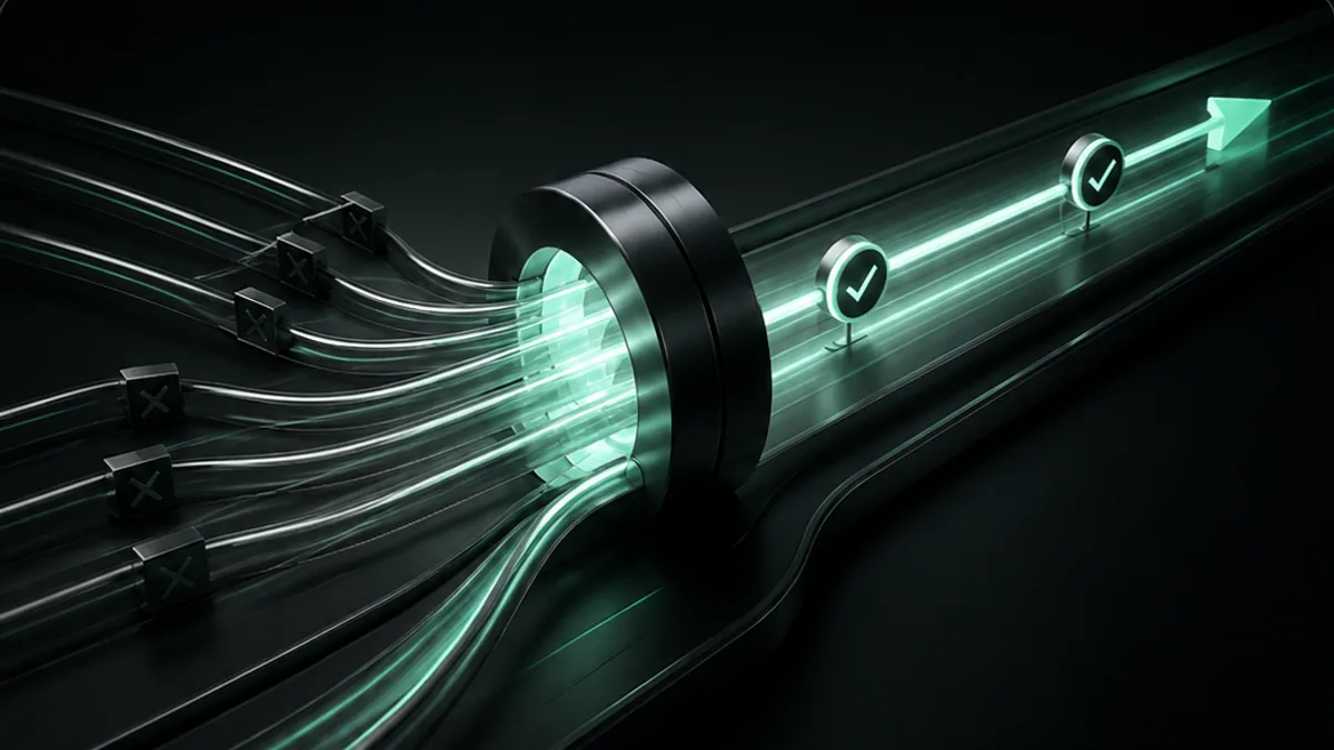 Render 3D de fluxos luminosos convergindo por um núcleo e seguindo validados até uma seta de saída