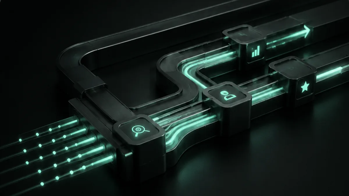 Render 3D de trilhos luminosos conectando módulos de processamento em uma linha contínua