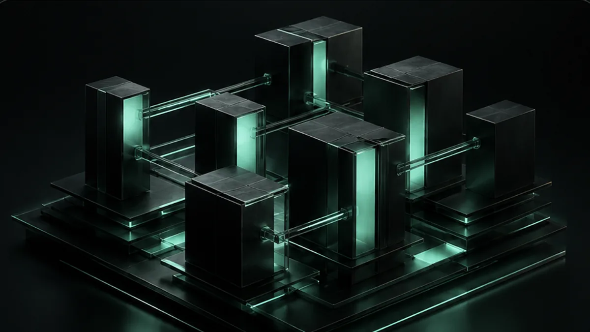 Render 3D de blocos modulares interligados formando uma arquitetura de sistema em camadas